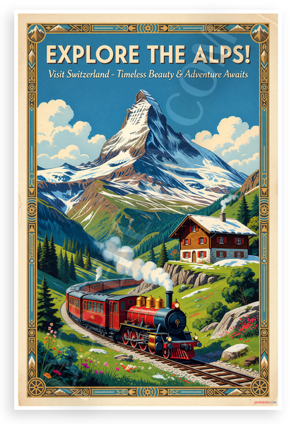Explore the Alps Visit Switzerland Matterhorn Train Vintage 12x18 US Made Poster