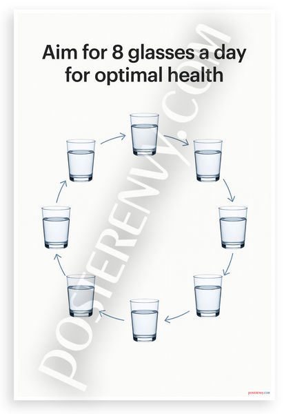 Aim for 8 Glasses a Day for Optimal Health Water Intake Infographic 12x18 US Made Poster