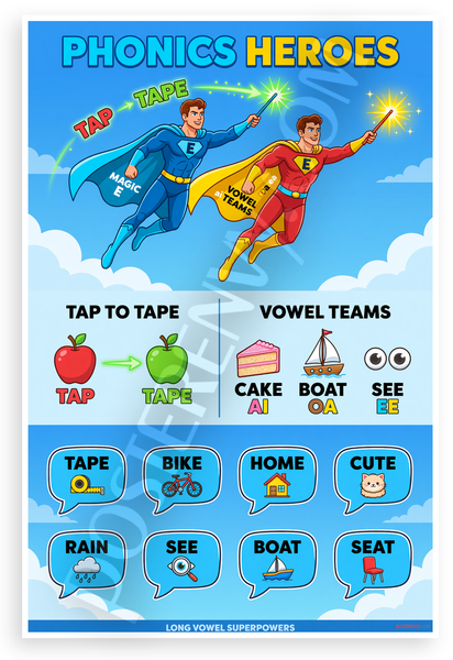Phonics Heroes Long Vowel Superpowers Educational 12x18 US Made Poster