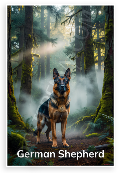German Shepherd in Misty Forest Wildlife 12x18 US Made Poster