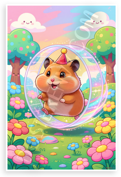 Whimsical Hamster in Party Hat Hamster Wheel Fantasy 12x18 US Made Poster