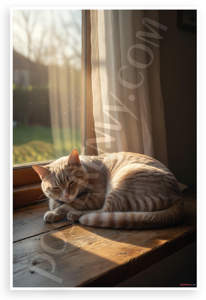 Serene Cat Napping in Sunbeam Windowsill Realistic 12x18 US Made Poster
