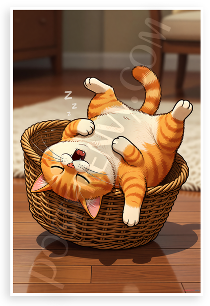 Funny Orange Cat Sleeping Upside Down in Basket Cartoon 12x18 US Made Poster