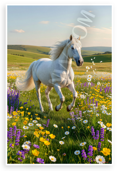 Playful White Horse Frolicking in Flower Meadow Wildlife 12x18 US Made Poster