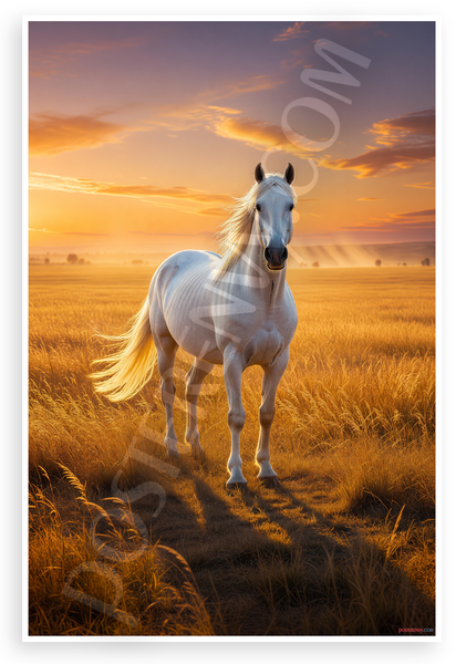 Powerful White Horse Golden Pasture Sunset Wildlife 12x18 US Made Poster