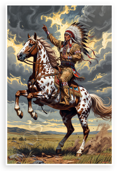 Native American Warrior on Appaloosa Horse Dramatic Landscape 12x18 US Made Poster