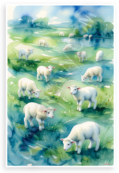 Cute Lambs Grazing Dreamy Pasture Watercolor 12x18 US Made Poster