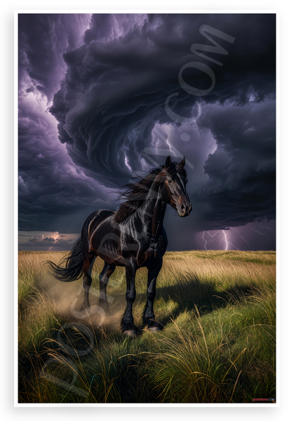 Black Horse in Dramatic Storm Clouds Pasture Resilience 12x18 US Made Poster