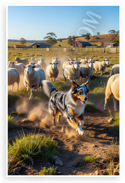 Australian Shepherd Herding Sheep Farm Ranch Wildlife 12x18 US Made Poster