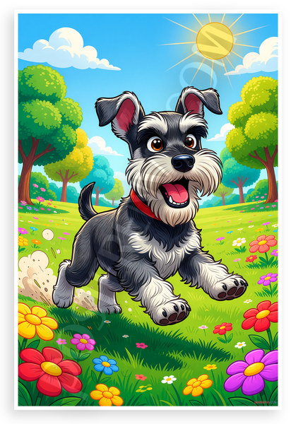 Playful Miniature Schnauzer Running Sunny Park Cartoon 12x18 US Made Poster