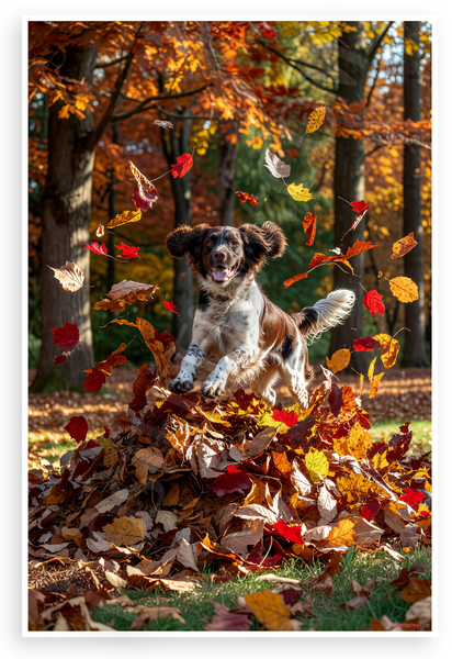 English Springer Spaniel Jumping Autumn Leaves Pile Nature Wildlife 12x18 US Made Poster
