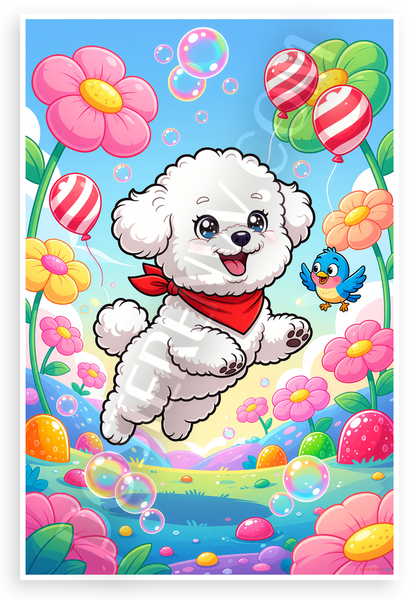Bichon Frise Puppy Leaping with Balloons Flowers Cute Cartoon 12x18 US Made Poster