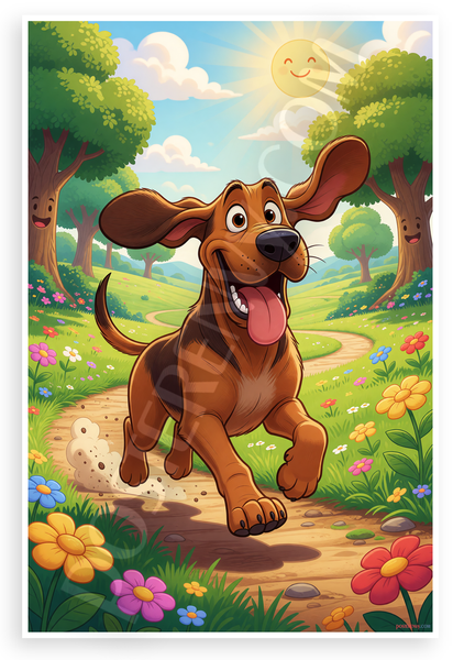 Playful Bloodhound Running Through Sunny Meadow Cartoon 12x18 US Made Poster
