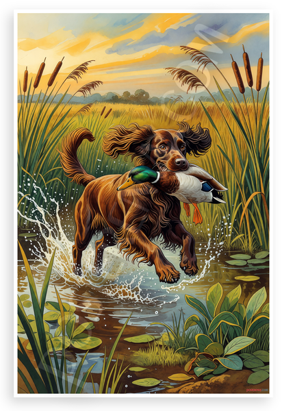 Boykin Spaniel Retrieving Duck Marshland Hunting Scene Wildlife 12x18 US Made Poster