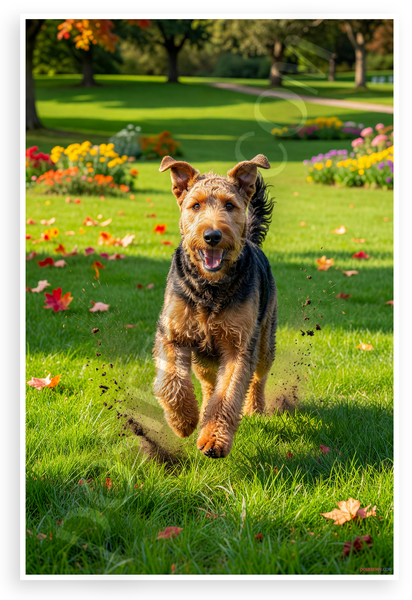 Airedale Terrier Running Playful Park Garden Autumn 12x18 US Made Poster