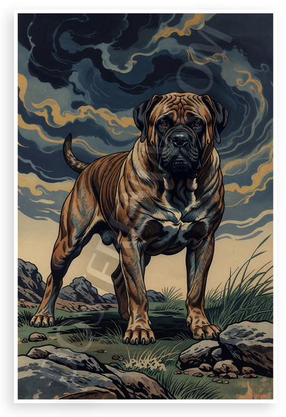 Majestic Bullmastiff Guardian Woodblock Print Style 12x18 US Made Poster