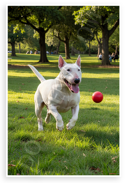 Bull Terrier Playing with Red Ball Sunny Park Wildlife 12x18 US Made Poster