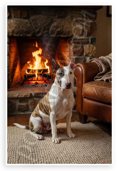 Bull Terrier by Cozy Fireplace Warmth Companionship 12x18 US Made Poster