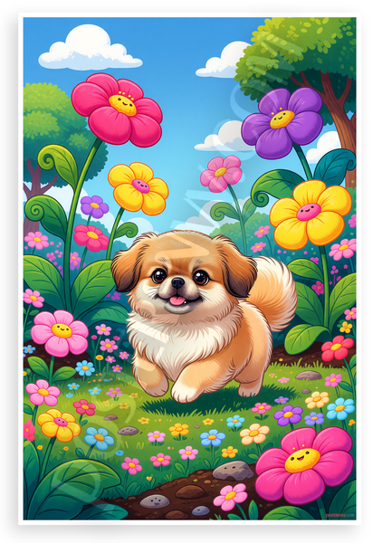 Playful Pekingese Puppy in Vibrant Garden Whimsical Cartoon 12x18 US Made Poster