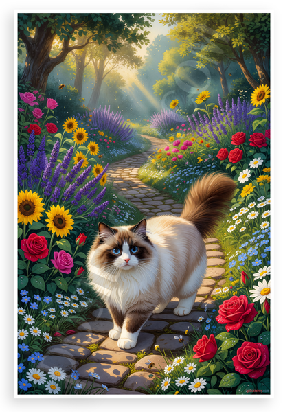 Ragdoll Cat Exploring Lush Garden Path Flowers Sunlight 12x18 US Made Poster