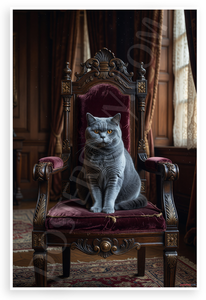 Majestic British Shorthair Cat on Ornate Throne Vintage 12x18 US Made Poster