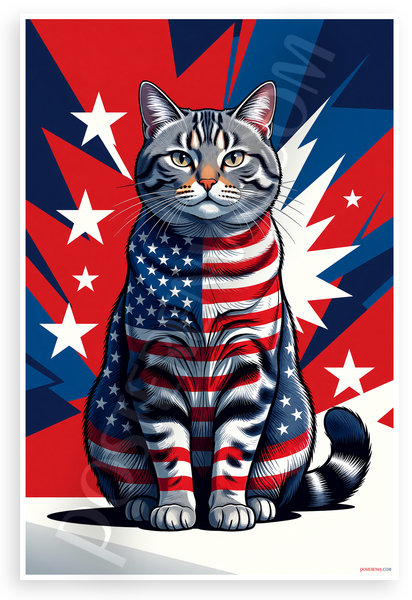 American Shorthair Cat American Flag Patriotic 12x18 US Made Poster