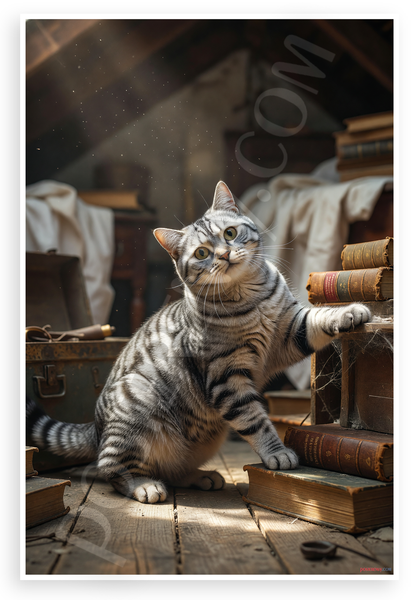 Adventurous American Shorthair Cat in Attic Library Wildlife 12x18 US Made Poster