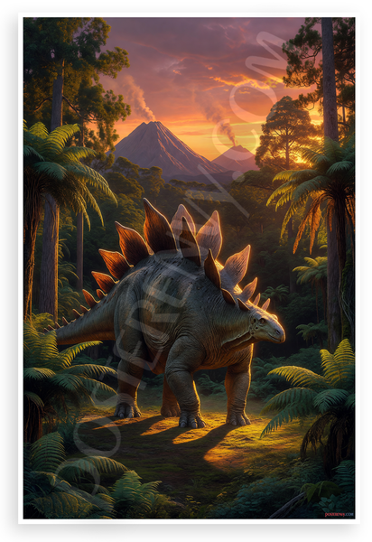 Stegosaurus in Jurassic Forest with Volcanoes Sunset 12x18 US Made Poster