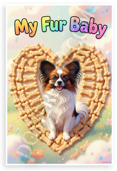 My Fur Baby Papillon Dog Dog Bone Heart Whimsical 12x18 US Made Poster