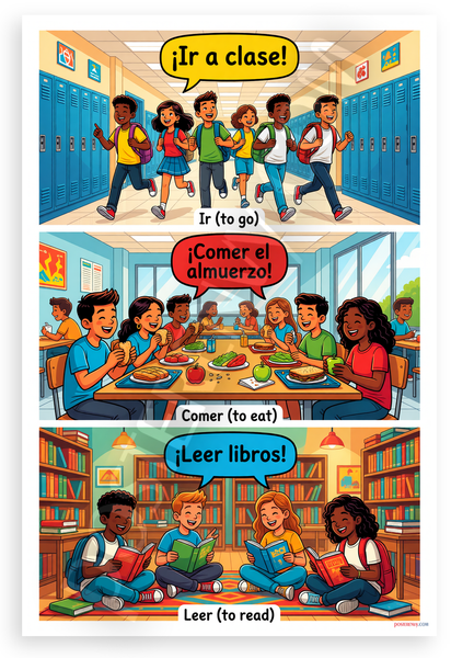 Spanish Verbs Daily Routines Ir Comer Leer Educational 12x18 US Made Poster