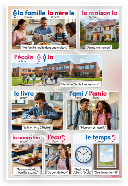French Nouns Family School House Food Vocabulary Educational 12x18 US Made Poster