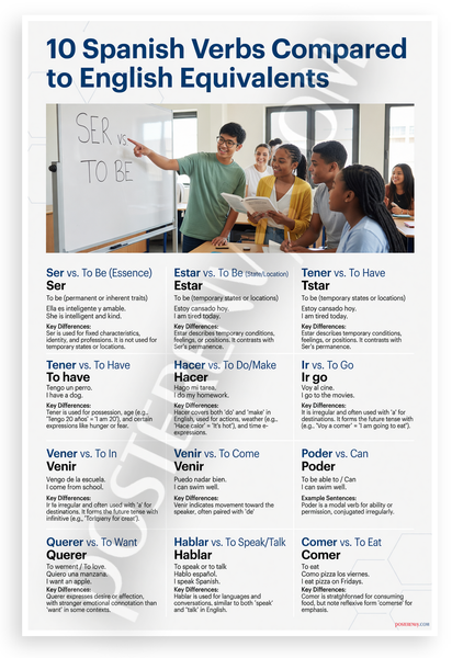 10 Spanish Verbs Compared to English Equivalents Educational 12x18 US Made Poster
