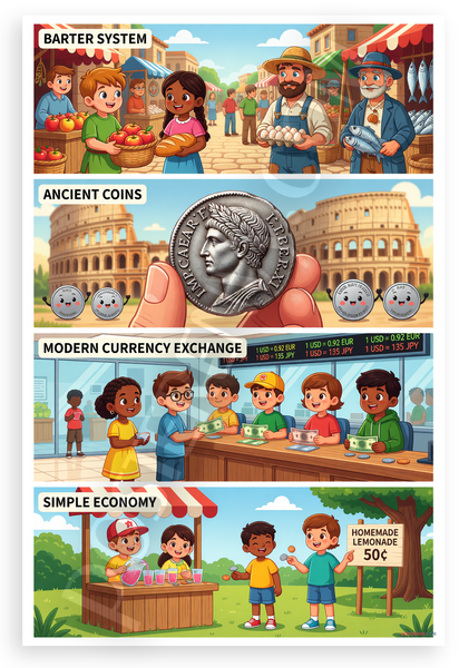 Barter System Ancient Coins Modern Currency Exchange Simple Economy Educational 12x18 US Made Poster