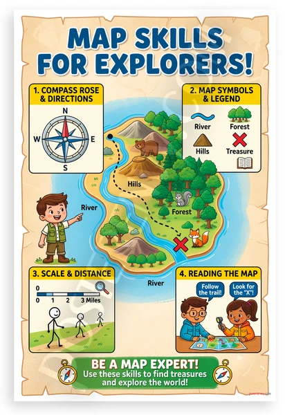 Map Skills for Explorers Compass Rose Symbols Scale Reading Educational 12x18 US Made Poster