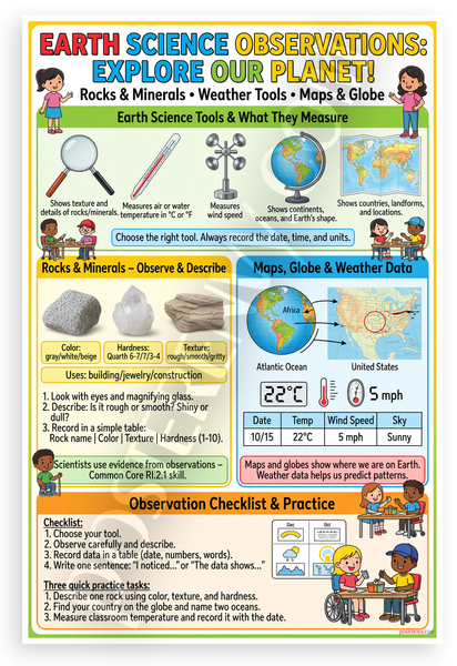 Earth Science Observations Explore Our Planet Rocks Minerals Weather Tools Maps Globe Educational 12x18 US Made Poster