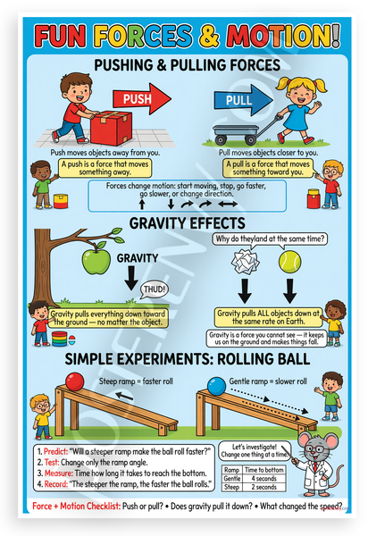 Fun Forces & Motion Pushing Pulling Gravity Experiments Educational 12x18 US Made Poster