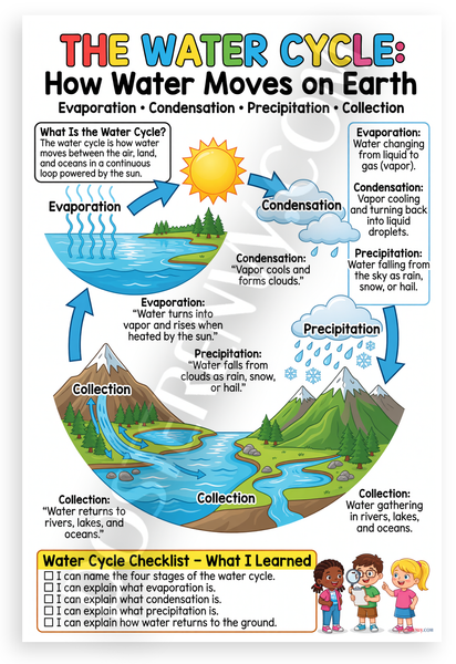 Water Cycle Evaporation Condensation Precipitation Collection Educational 12x18 US Made Poster