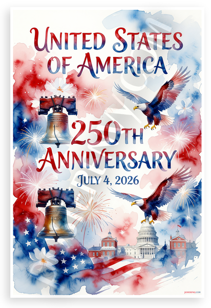United States 250th Anniversary Watercolor Patriotic 12x18 US Made Poster