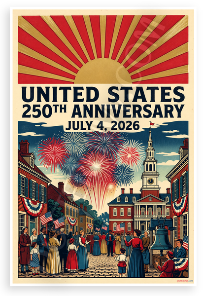 United States 250th Anniversary July 4 2026 Woodblock Print 12x18 US Made Poster