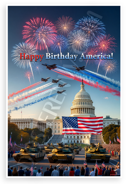 Happy Birthday America Fireworks Jets Tanks Capitol Patriotic 12x18 US Made Poster