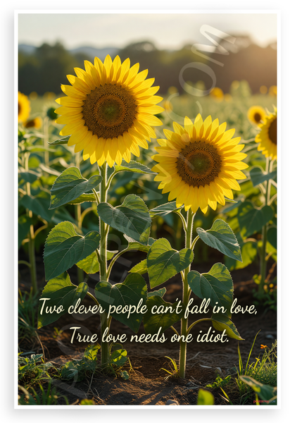 "Two Clever People Can’t Fall in Love, True Love Needs One Idiot" Sunflower Field Inspirational 12x18 US Made Poster
