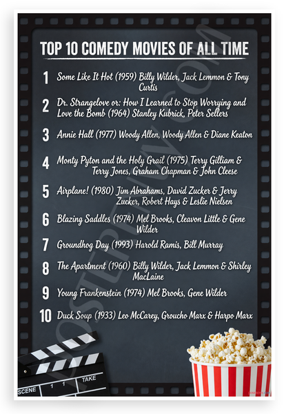 Top 10 Comedy Movies of All Time List Movie Poster 12x18 US Made Poster