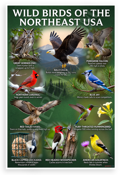 Wild Birds of the Northeast USA Educational 12x18 US Made Poster