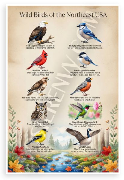 Wild Birds of the Northeast USA Educational 12x18 US Made Poster