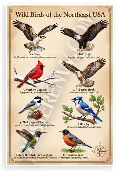 Wild Birds of the Northeast USA Osprey Bald Eagle Cardinal Educational 12x18 US Made Poster
