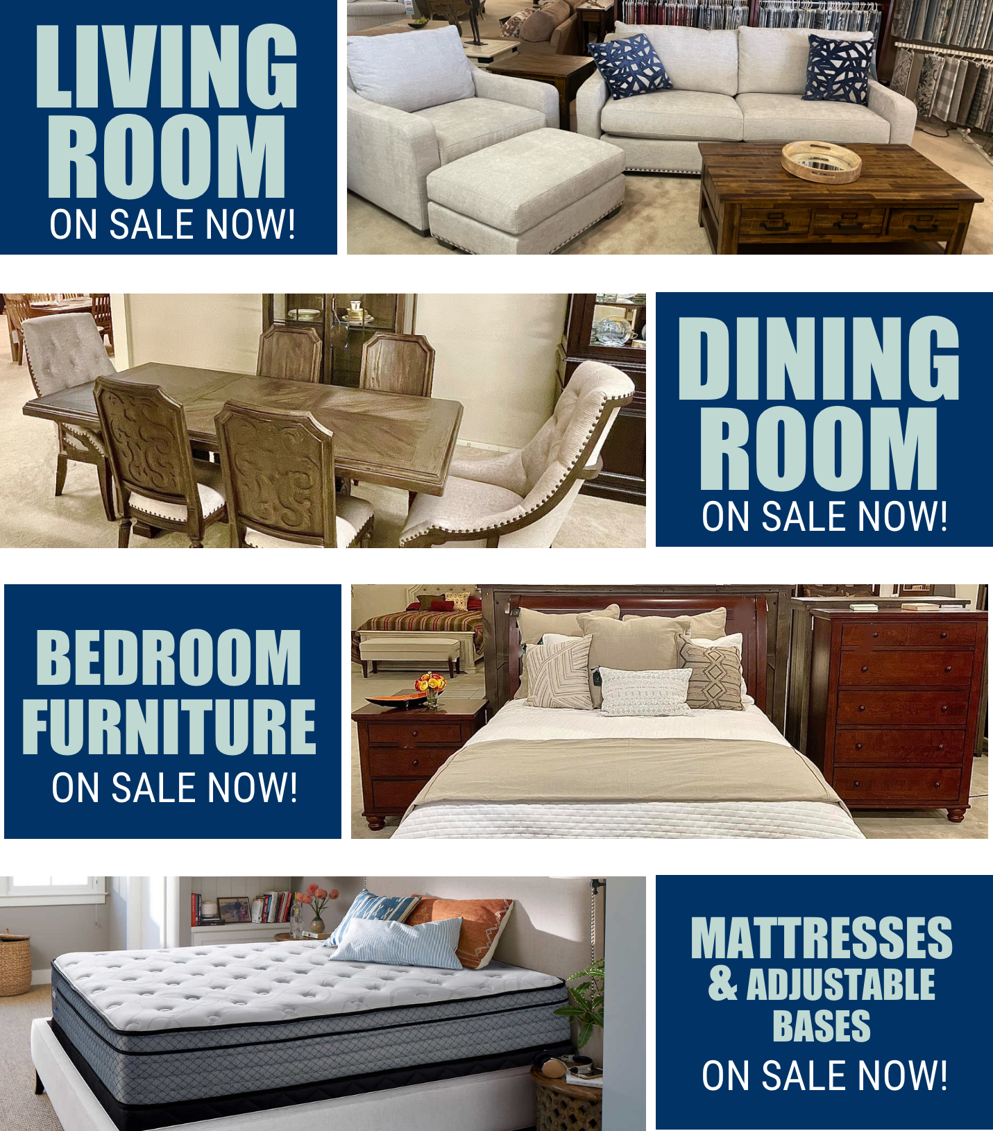 Living Room, Dining, Bedroom & Mattresses on sale