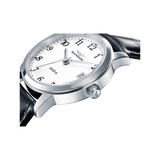 Detalle lateral del reloj Sandoz 81340-05 con caja de acero y correa negra