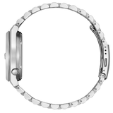 Vista lateral del Citizen Tsuyosa NJ0150-81X con caja y brazalete integrado de acero inoxidable