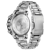 Reloj Citizen Geo Trekk BY3006-53E de acero inoxidable con brazalete metálico, vista trasera de la caja y la pulsera