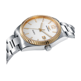 Detalle del Sandoz Casual 81525-59 con esfera blanca, caja bicolor y brazalete de acero